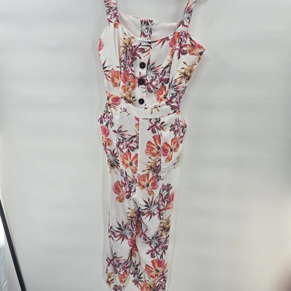 Adelyn Rae White Floral Jumpsuit Buttons Back Cutout Pockets Medium - Picture 1 of 14